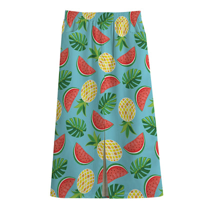 Tropical Watermelon And Pineapple Print Cotton Front Slit Maxi Skirt