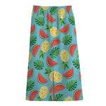 Tropical Watermelon And Pineapple Print Cotton Front Slit Maxi Skirt