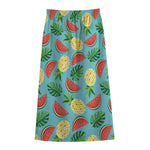 Tropical Watermelon And Pineapple Print Cotton Front Slit Maxi Skirt