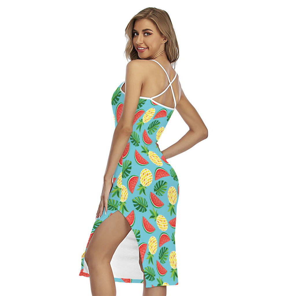 Tropical Watermelon And Pineapple Print Cross Back Cami Dress