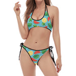 Tropical Watermelon And Pineapple Print Halter Scoop Tie Side Bikini