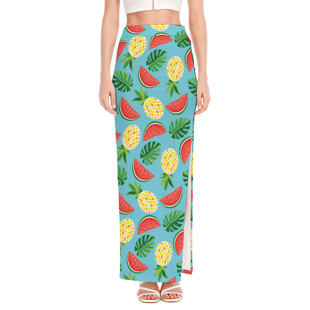 Tropical Watermelon And Pineapple Print High Slit Maxi Skirt