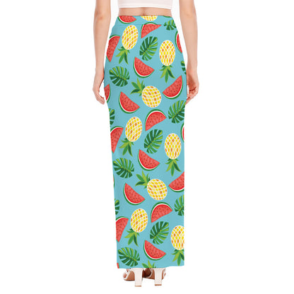 Tropical Watermelon And Pineapple Print High Slit Maxi Skirt