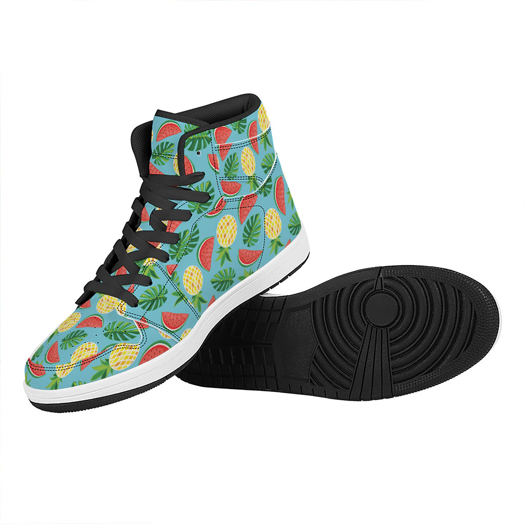 Tropical Watermelon And Pineapple Print High Top Leather Sneakers