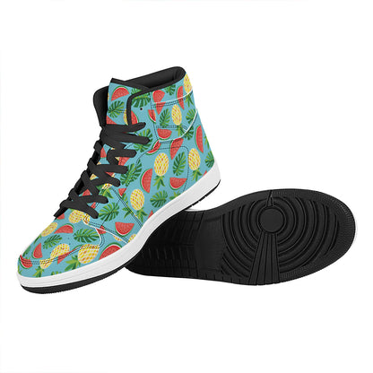 Tropical Watermelon And Pineapple Print High Top Leather Sneakers