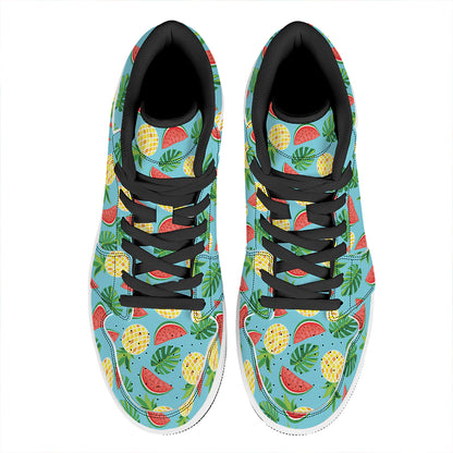 Tropical Watermelon And Pineapple Print High Top Leather Sneakers