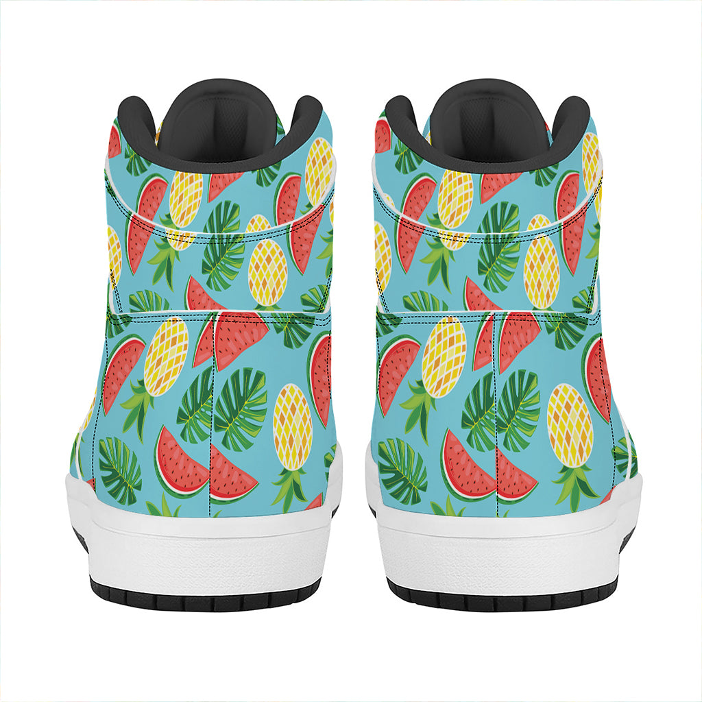 Tropical Watermelon And Pineapple Print High Top Leather Sneakers
