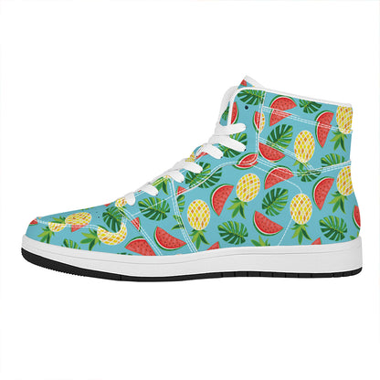 Tropical Watermelon And Pineapple Print High Top Leather Sneakers