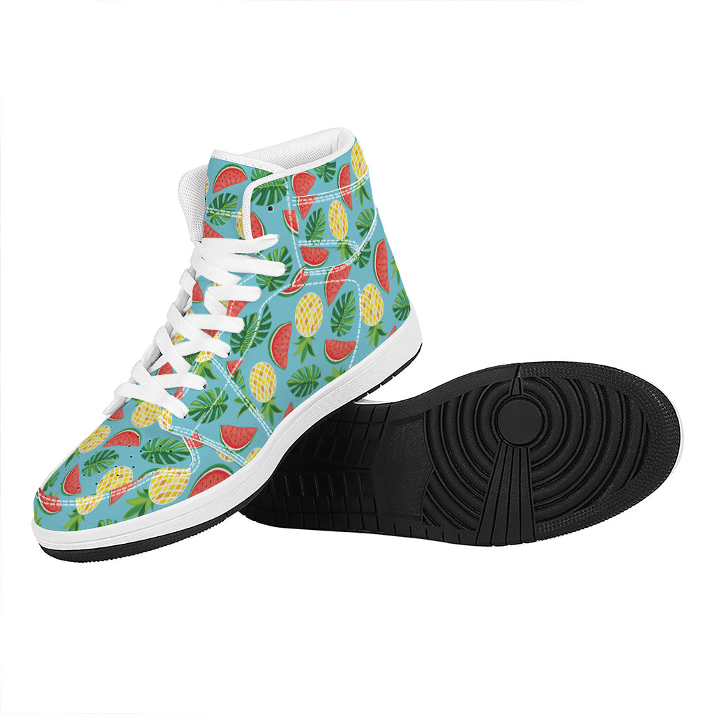 Tropical Watermelon And Pineapple Print High Top Leather Sneakers