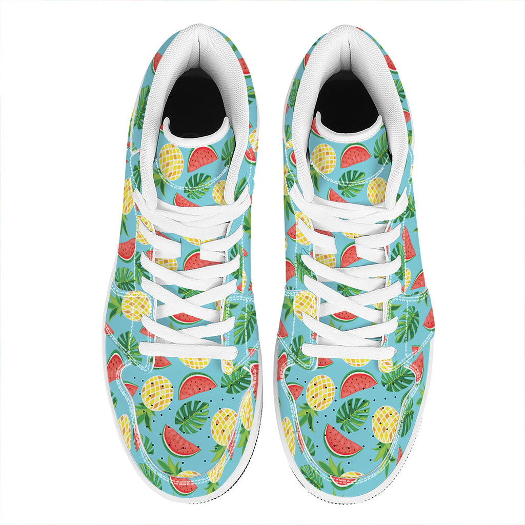Tropical Watermelon And Pineapple Print High Top Leather Sneakers