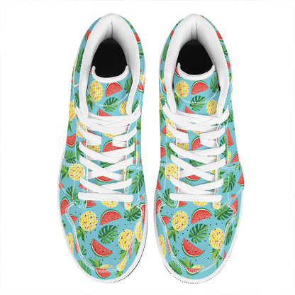 Tropical Watermelon And Pineapple Print High Top Leather Sneakers