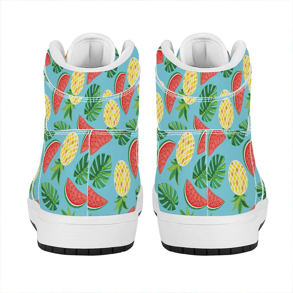 Tropical Watermelon And Pineapple Print High Top Leather Sneakers