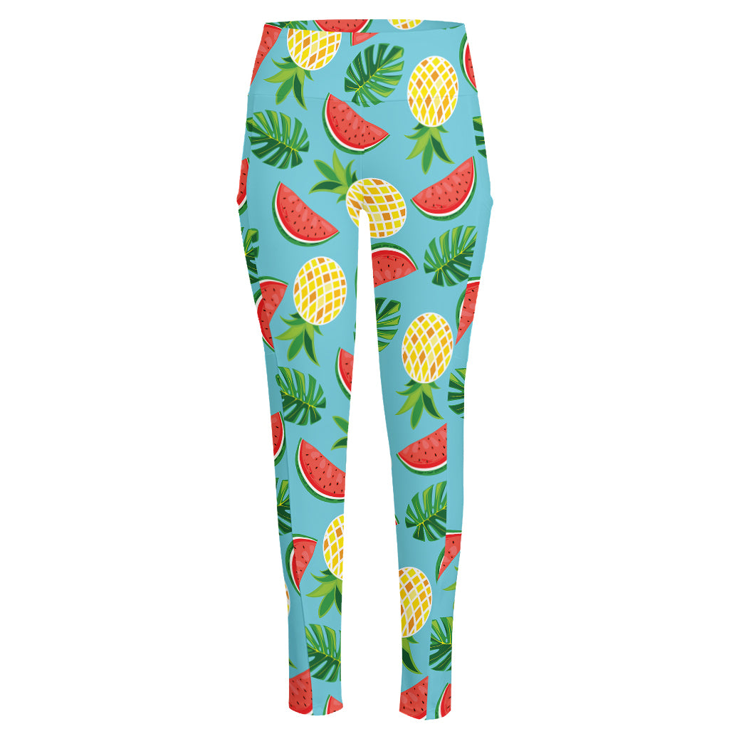 Tropical Watermelon And Pineapple Print High-Waisted Pocket Leggings