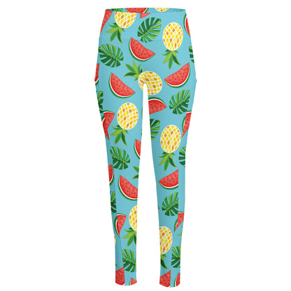 Tropical Watermelon And Pineapple Print High-Waisted Pocket Leggings