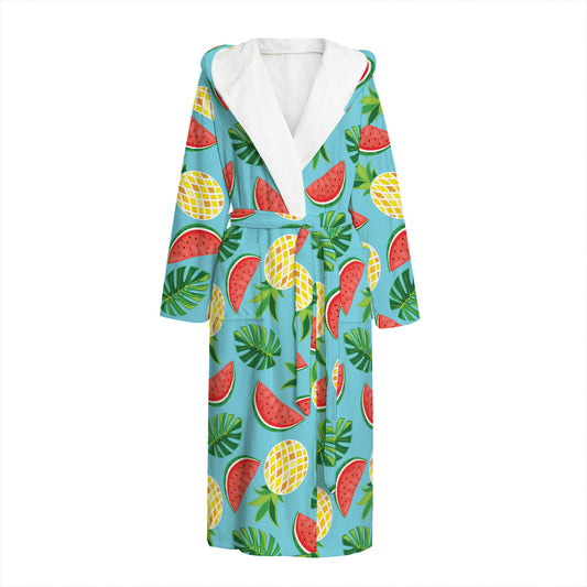 Tropical Watermelon And Pineapple Print Hooded Bathrobe