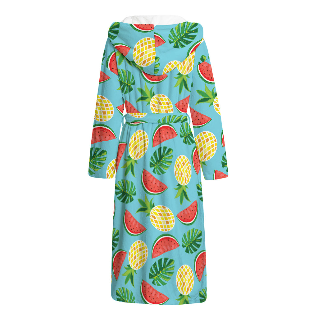 Tropical Watermelon And Pineapple Print Hooded Bathrobe