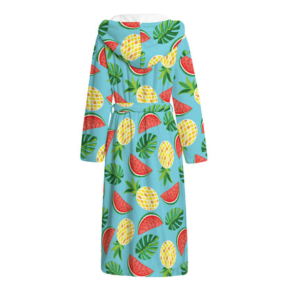 Tropical Watermelon And Pineapple Print Hooded Bathrobe
