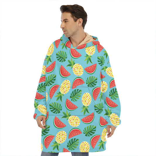 Tropical Watermelon And Pineapple Print Hoodie Blanket
