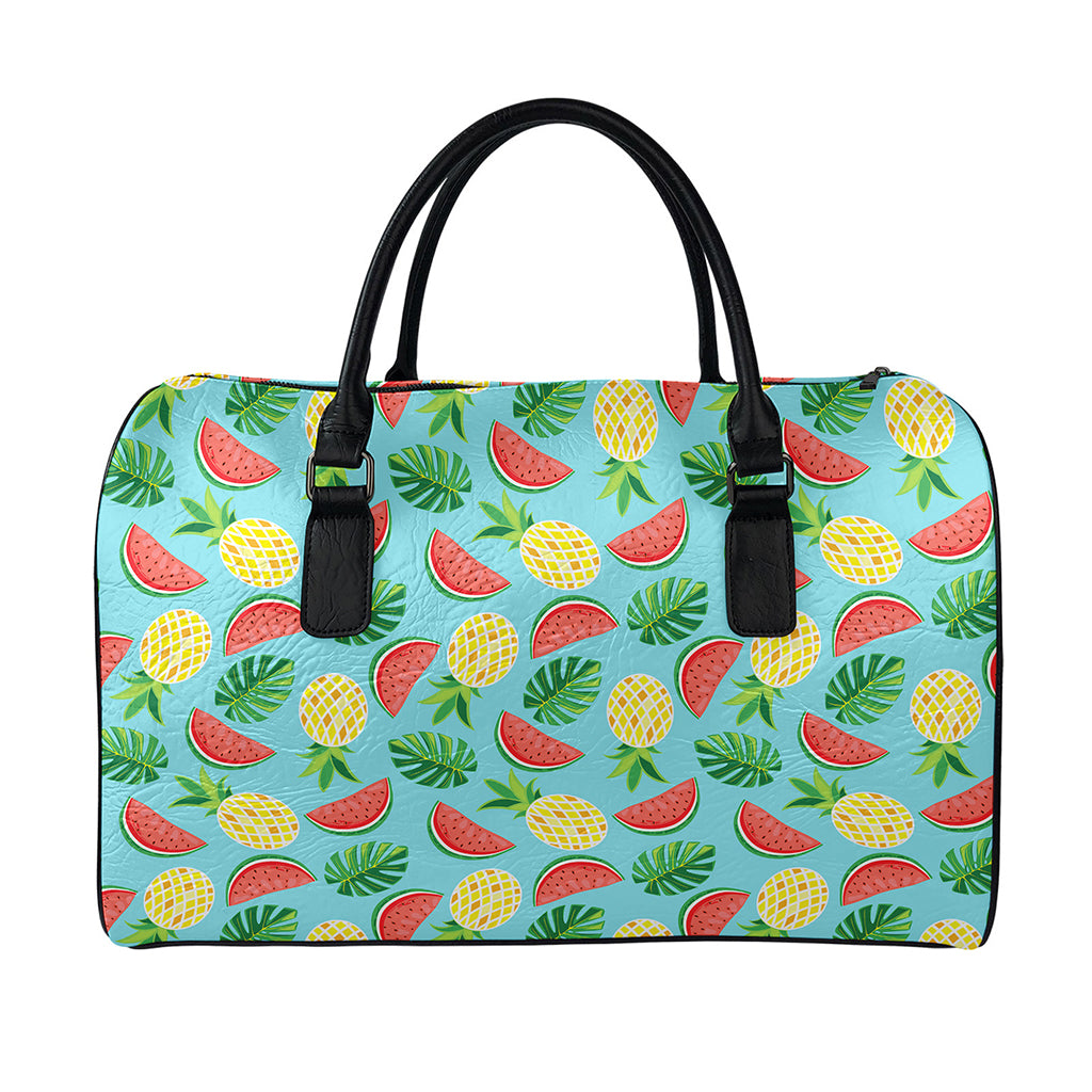 Tropical Watermelon And Pineapple Print Leather Duffle Bag