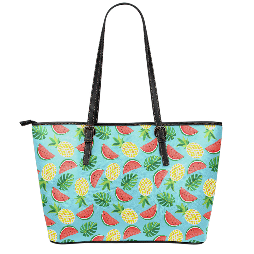 Tropical Watermelon And Pineapple Print Leather Tote Bag