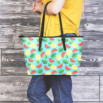 Tropical Watermelon And Pineapple Print Leather Tote Bag