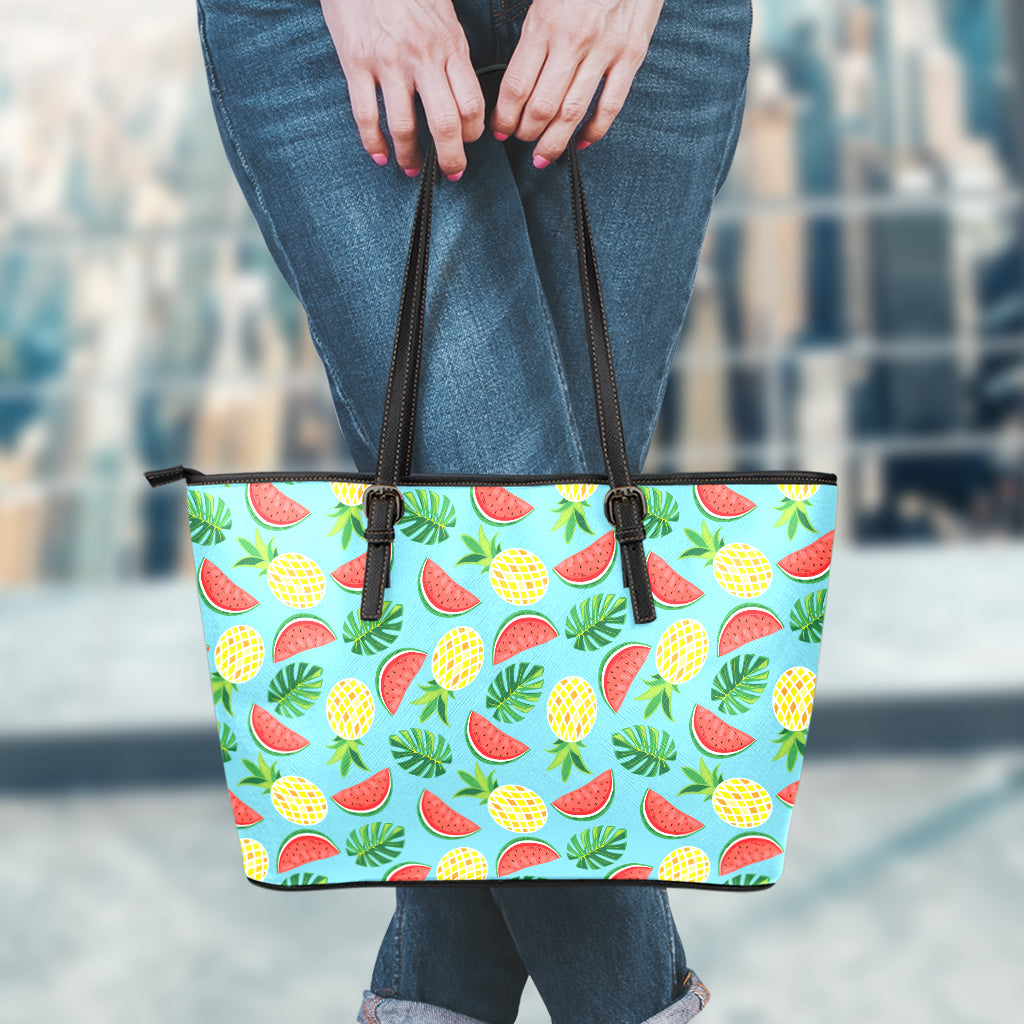Tropical Watermelon And Pineapple Print Leather Tote Bag