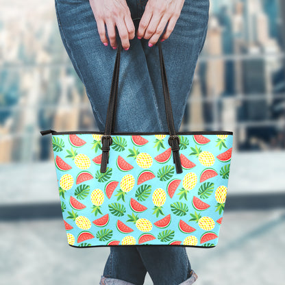 Tropical Watermelon And Pineapple Print Leather Tote Bag
