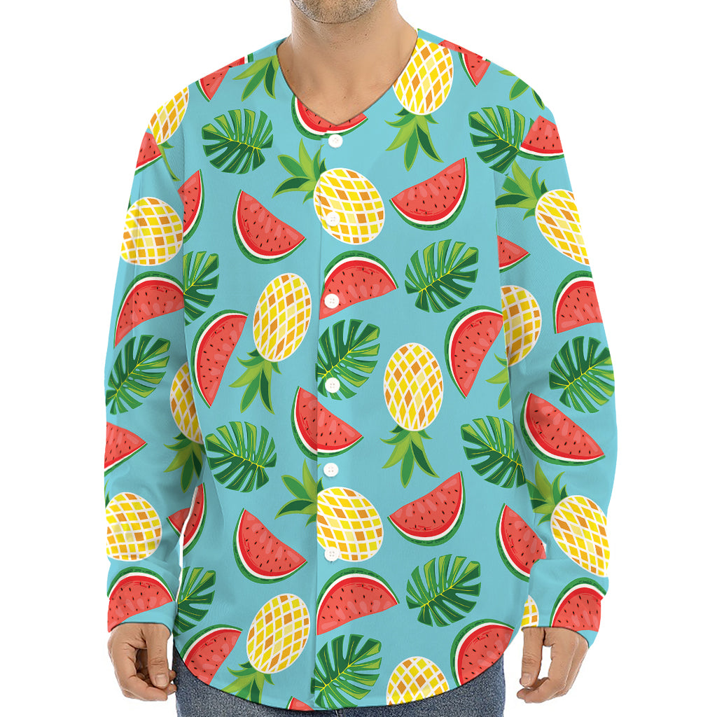 Tropical Watermelon And Pineapple Print Long Sleeve Baseball Jersey