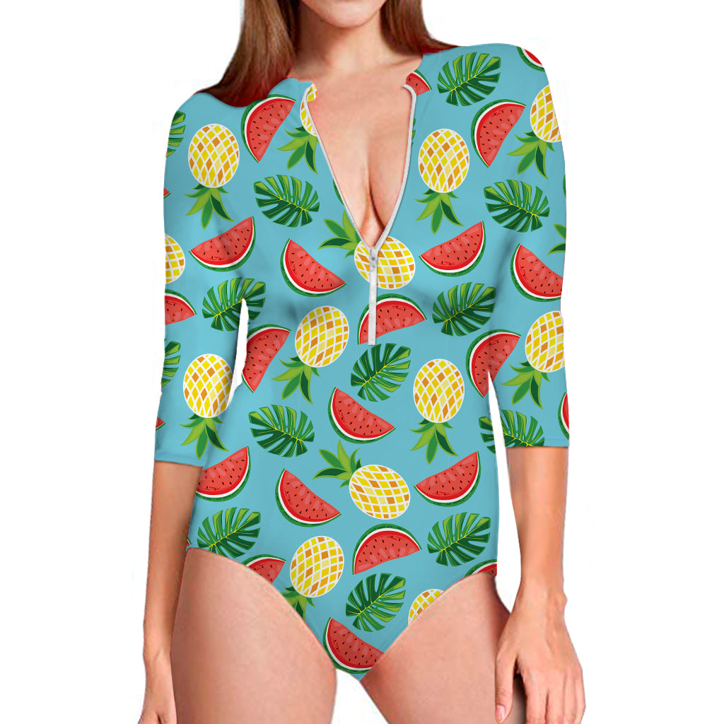 Tropical Watermelon And Pineapple Print Long Sleeve Swimsuit