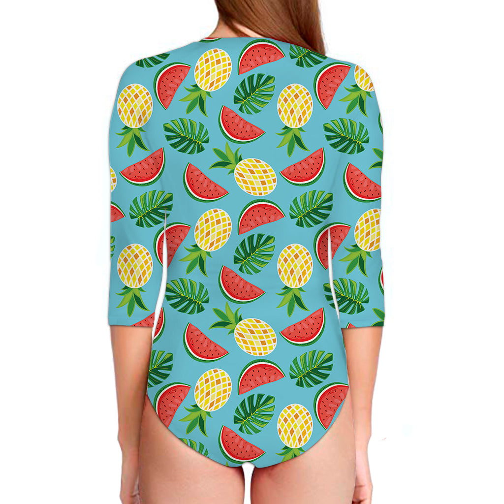 Tropical Watermelon And Pineapple Print Long Sleeve Swimsuit