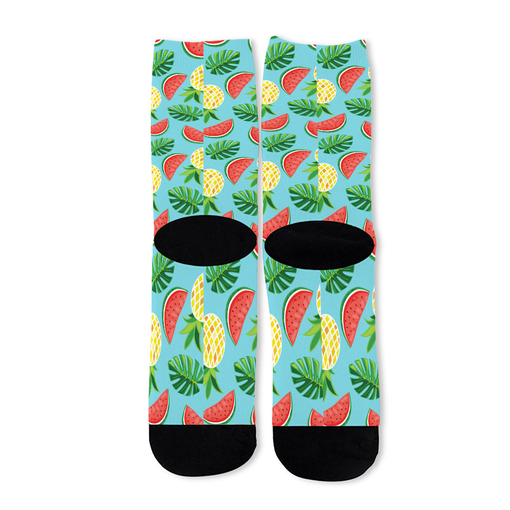 Tropical Watermelon And Pineapple Print Long Socks