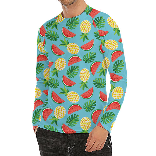 Tropical Watermelon And Pineapple Print Men's Long Sleeve Rash Guard