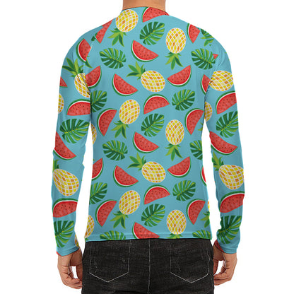 Tropical Watermelon And Pineapple Print Men's Long Sleeve Rash Guard