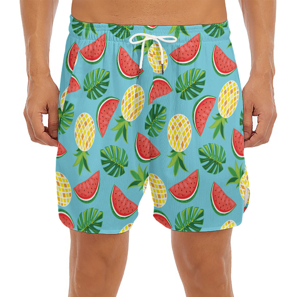 Tropical Watermelon And Pineapple Print Men's Split Running Shorts