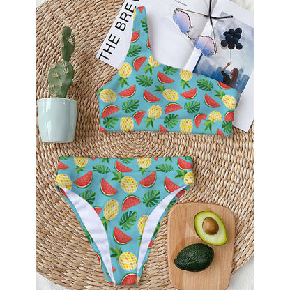 Tropical Watermelon And Pineapple Print One Shoulder Bikini Top