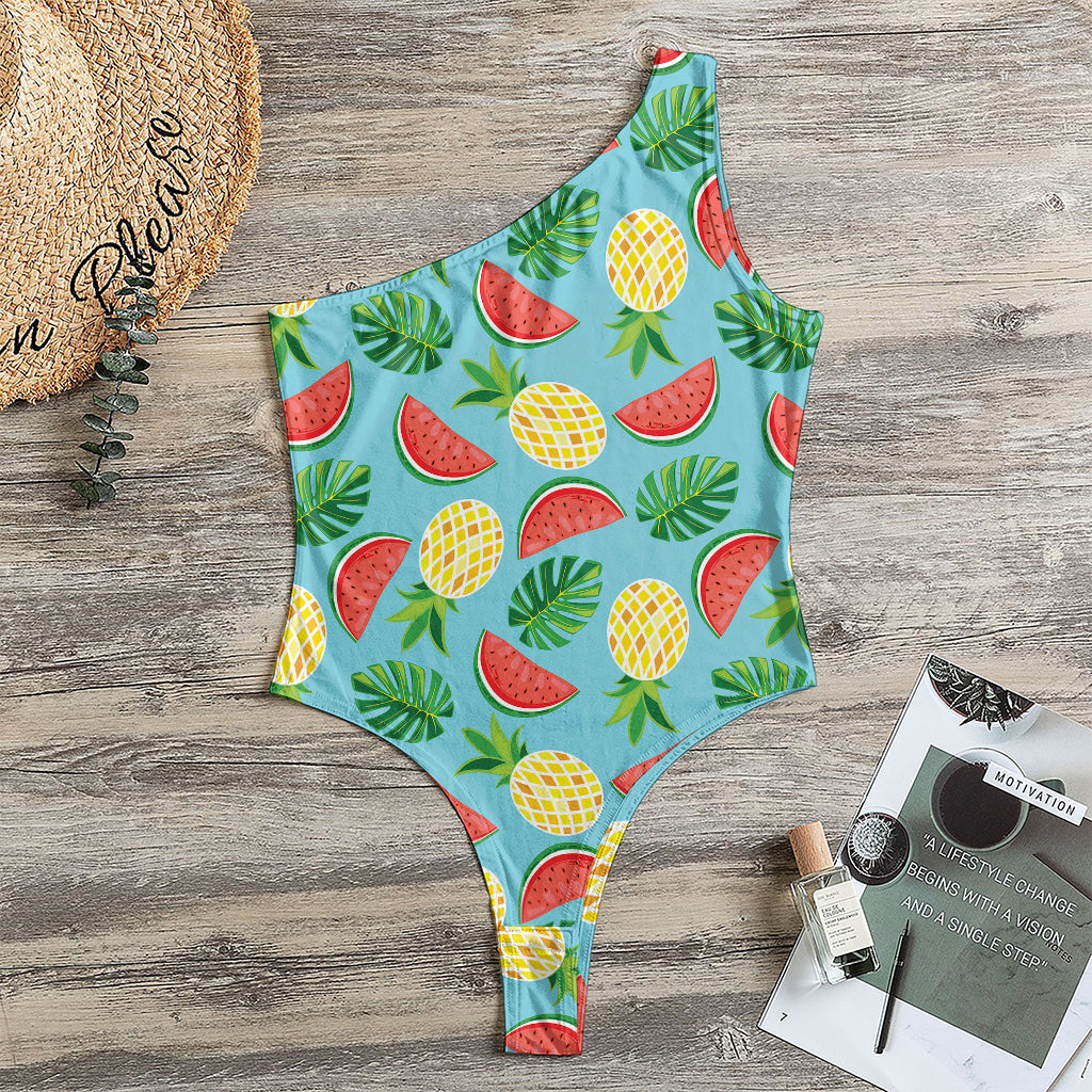 Tropical Watermelon And Pineapple Print One Shoulder Bodysuit