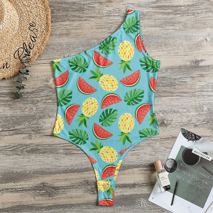 Tropical Watermelon And Pineapple Print One Shoulder Bodysuit
