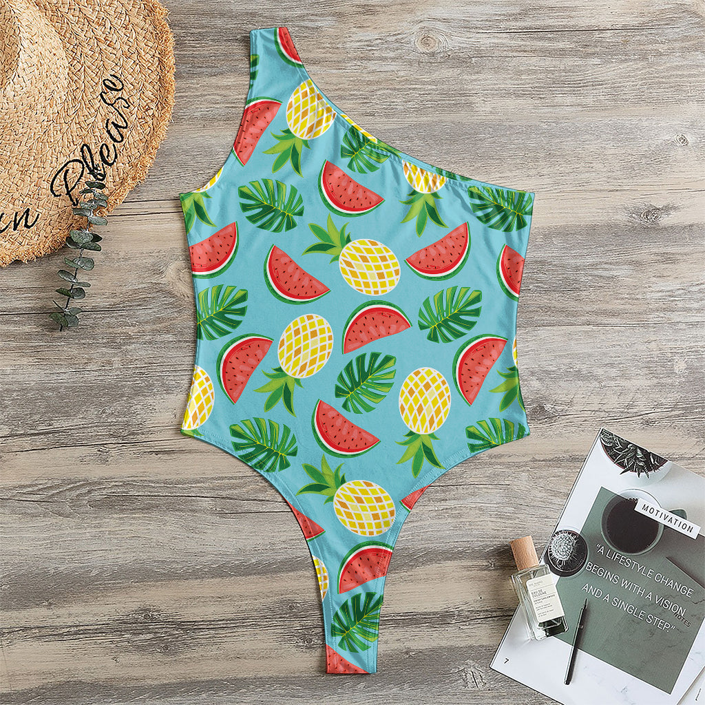 Tropical Watermelon And Pineapple Print One Shoulder Bodysuit