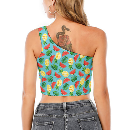 Tropical Watermelon And Pineapple Print One Shoulder Crop Top