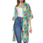 Tropical Watermelon And Pineapple Print Open Front Beach Cover Up