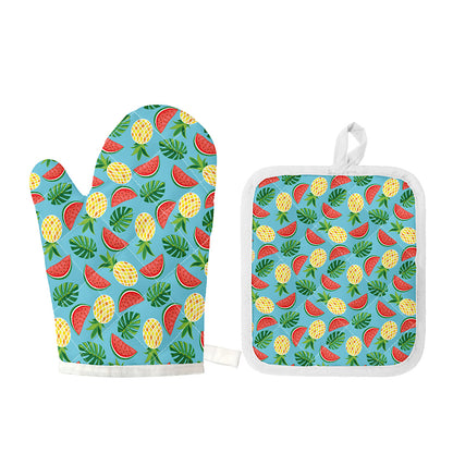 Tropical Watermelon And Pineapple Print Oven Mitt And Pot Holder Set