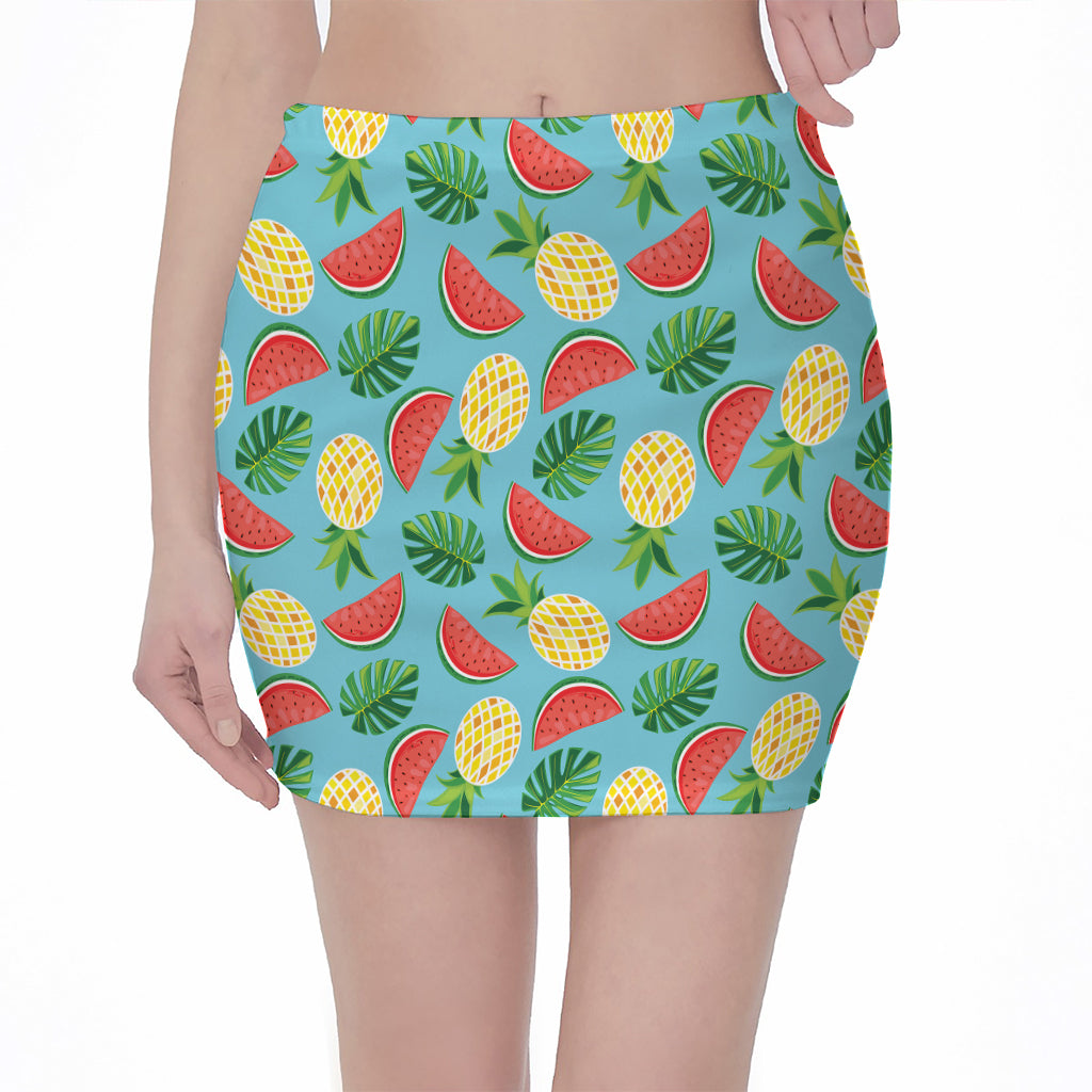 Tropical Watermelon And Pineapple Print Pencil Mini Skirt