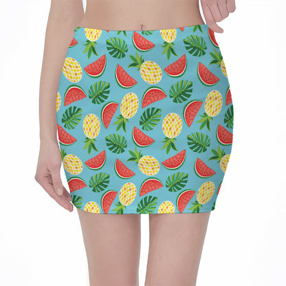 Tropical Watermelon And Pineapple Print Pencil Mini Skirt