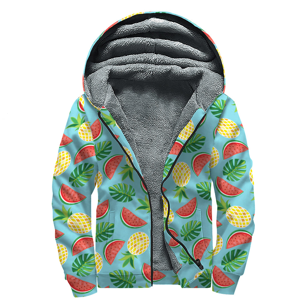 Tropical Watermelon And Pineapple Print Sherpa Lined Zip Up Hoodie