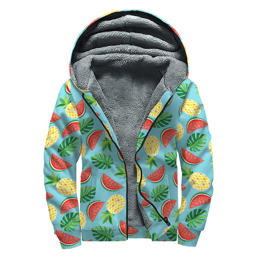 Tropical Watermelon And Pineapple Print Sherpa Lined Zip Up Hoodie