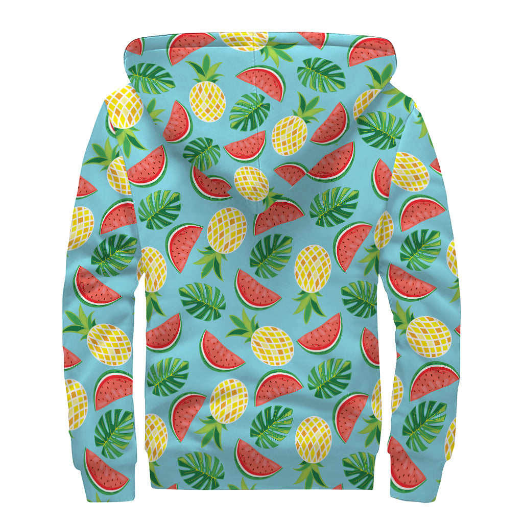 Tropical Watermelon And Pineapple Print Sherpa Lined Zip Up Hoodie