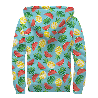Tropical Watermelon And Pineapple Print Sherpa Lined Zip Up Hoodie