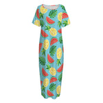 Tropical Watermelon And Pineapple Print Short Sleeve Long Nightdress