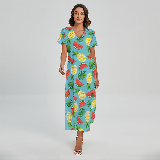 Tropical Watermelon And Pineapple Print Short Sleeve Maxi Dress