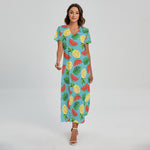 Tropical Watermelon And Pineapple Print Short Sleeve Maxi Dress